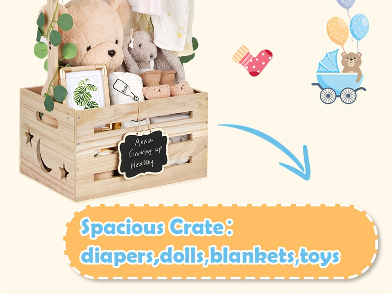 Wooden Baby Shower Gift Crate with Handle, Large 4-in-1 Assembly Basket for Pregnancy and New Parent Gift Displays and Keepsake Storage