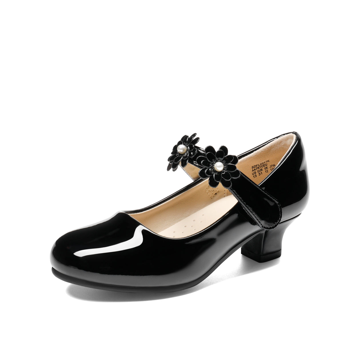 Flower Strap Mary Jane Shoes for Girls with Round Toe and Low Heel, Dressy Party and Wedding Footwear in Black, Golden, Ivory White or White for Little and Big Kids
