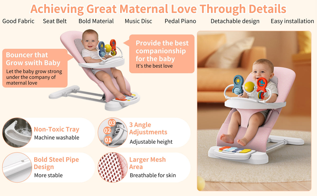 Piano Baby Bouncer and Rocker, 3-in-1 Portable Seat with Detachable Keyboard, Feeding Tray, Play Bar and Three Adjustable Incline Positions