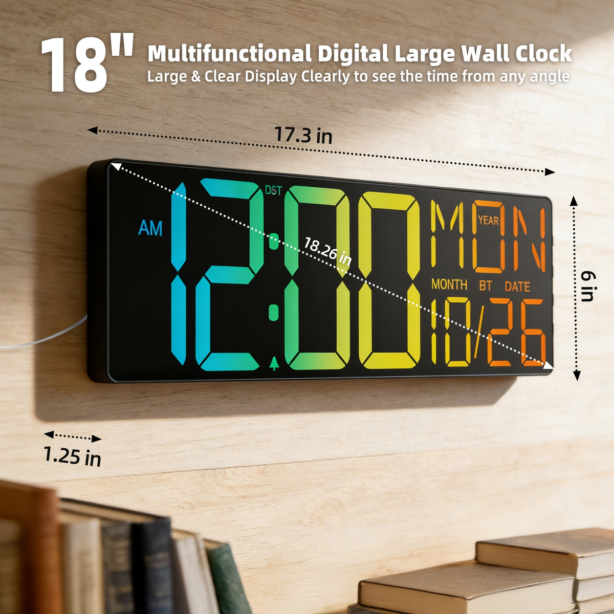 LED Digital Wall Clock 18 Inch with 8 RGB Display Colors, Remote Control and 10-Level Dimming, Timer, Temperature and Alarm for Home Rooms