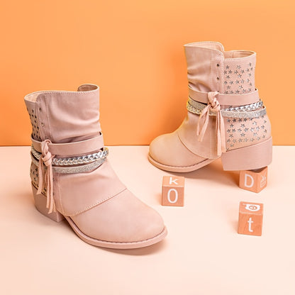 Plaid Side-Zip Ankle Boots for Girls - Stylish Low Heel Boots with Warm Lining, Non-Slip Outsole, Easy On and Off for Little Kid & Big Kid, Perfect for Fall and Winter