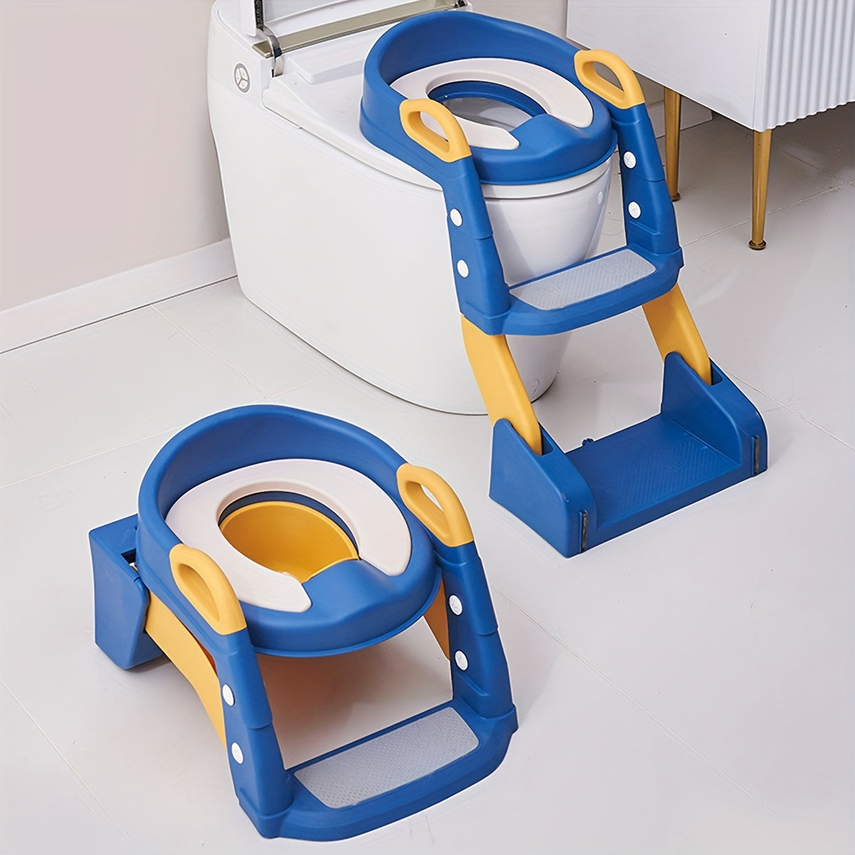 Convertible Toddler Potty Seat with Double-Step Ladder, 2-in-1 Foldable Toilet Trainer with Removable PVC Cushion, Splash Guard and Side Handles