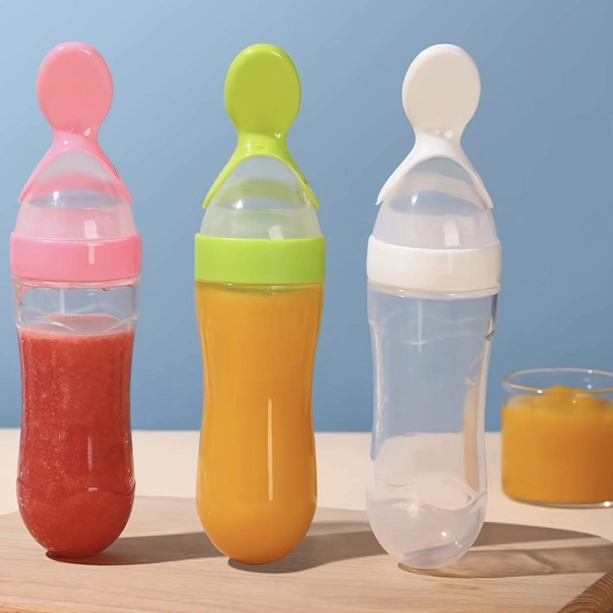 Baby Food Feeder Set, 7-Piece Silicone Squeeze Spoon Bottles and Fresh Fruit Feeders with Three Nipple Sizes for Everyday Complementary Feeding