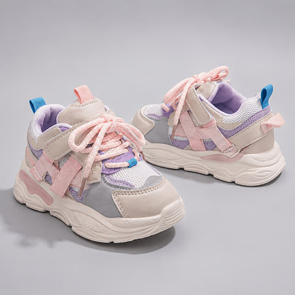 Toddler Geometric Sneakers with Breathable PU Upper, PVC Sole and Lace-Up plus Hook-and-Loop Closure, All-Season Casual Running Shoes for Ages 1-6