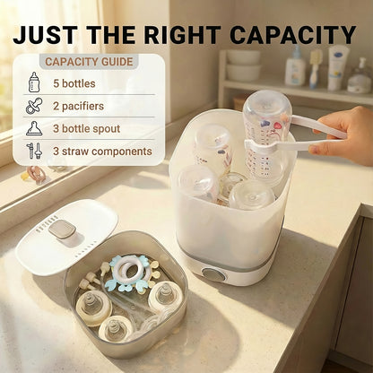 Baby Bottle Sterilizer and Dryer with One-Button Steam Operation, Countertop Feeding Accessory Organizer for Compatible Bottles and Pump Parts
