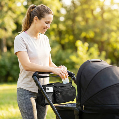Stroller Console Bag with Dual Cup Holders, Black Hanging Organizer with Detachable Wristlet Phone Pouch and Adjustable Shoulder Strap