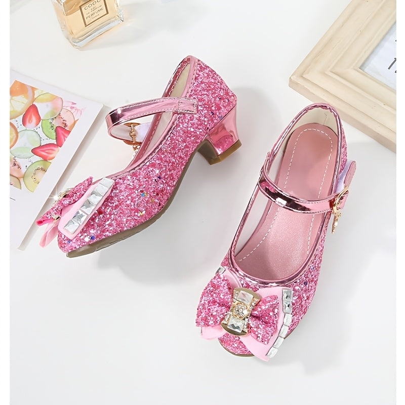 Dazzling Glitter Stone Mary Jane Party Heels for Girls - Sparkly Shoes with Round Toe & Magic Tape Closure, Perfect for Flower Girl, Wedding & Birthday Celebrations, Toddler to Big Kid Sizes
