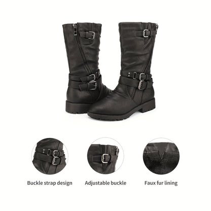 Buckle-Zip Knee-High Winter Boots for Girls - Plush Faux Fur Lined, Textured TPR Sole with Stable Heel, Cozy Warm Fashion Boots for Cold Weather, Toddler to Big Kid