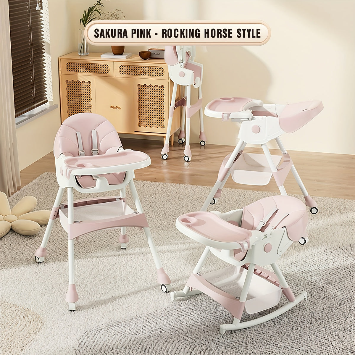 Double Tray Baby High Chair, Adjustable PU Leather Dining Seat with Five-Point Harness and Detachable Two-Layer Tray for Home Mealtimes