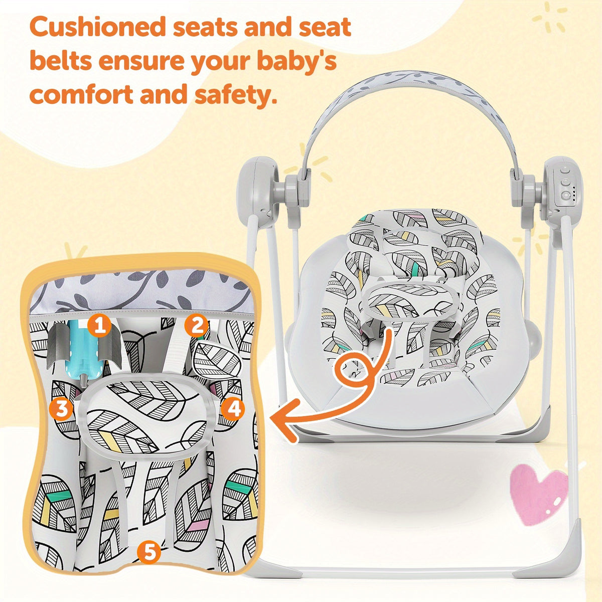 Timer Baby Swing for Supervised Awake Time, Portable Infant Seat in Gray or Pink, Listed 0–6 Months and 6–20 lbs for Everyday Use
