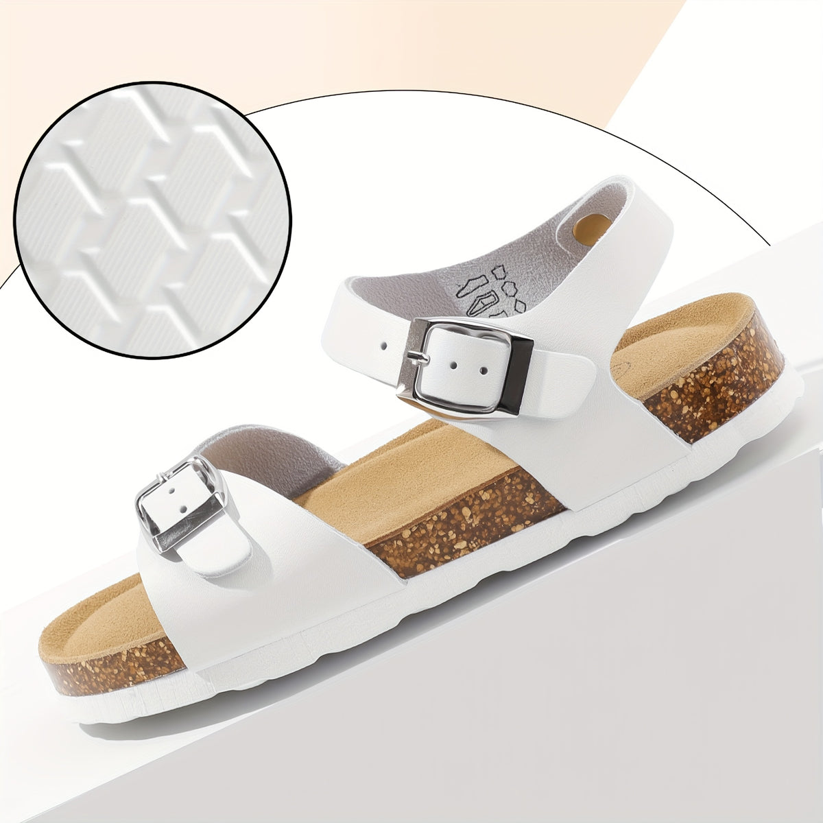 Kids Cork-Style Beach Sandals with Buckle, Lightweight Slip-On Summer Shoes in White, Black or Silvery Grey for Little Kids and Big Kids
