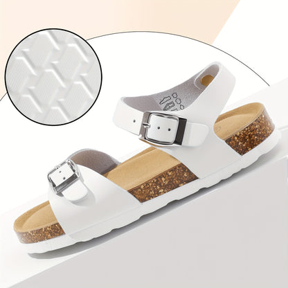 Kids Cork-Style Beach Sandals with Buckle, Lightweight Slip-On Summer Shoes in White, Black or Silvery Grey for Little Kids and Big Kids