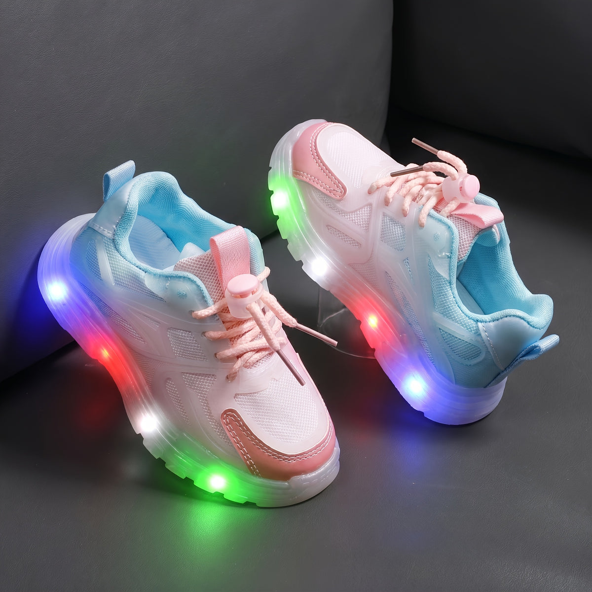 Toddler Light-Up Mesh Sneakers with Lace-Up Fit, Color-Changing LED Cartoon Shoes for Boys and Girls in Pink or White for Everyday Play