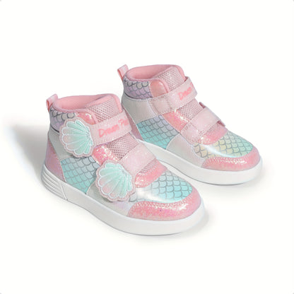 Girls Shell-Pattern High-Top Sneakers with Shiny Detail, Casual Walking Shoes for Toddlers and Little Kids in Pink, Lavender or White