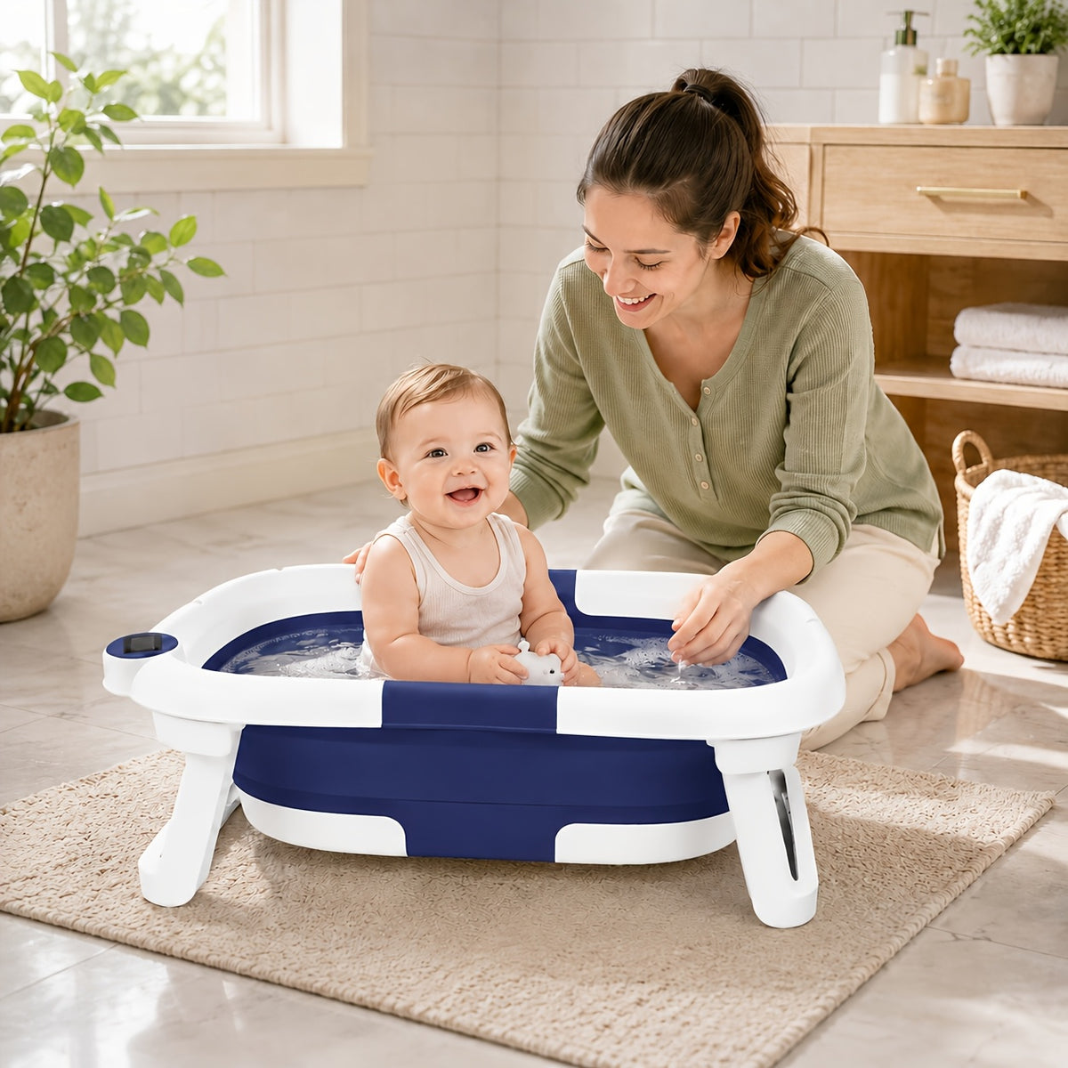 Baby Bathtub with Thermometer and Soft Cushion, Collapsible Infant-to-Toddler Bath Tub for 0 to 36 Months with Easy-Grip Handles in Five Colors