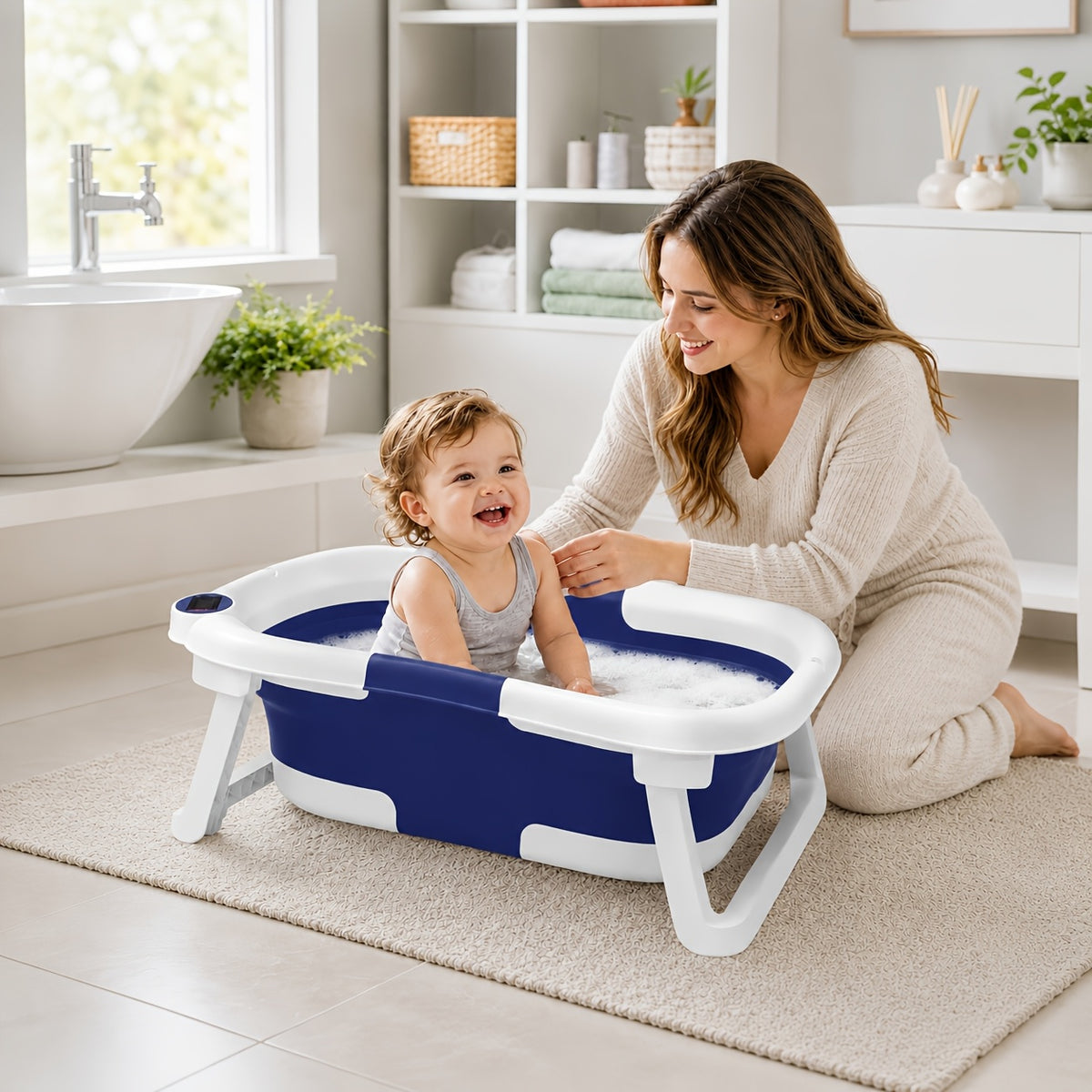 Baby Bathtub with Thermometer and Soft Cushion, Collapsible Infant-to-Toddler Bath Tub for 0 to 36 Months with Easy-Grip Handles in Five Colors