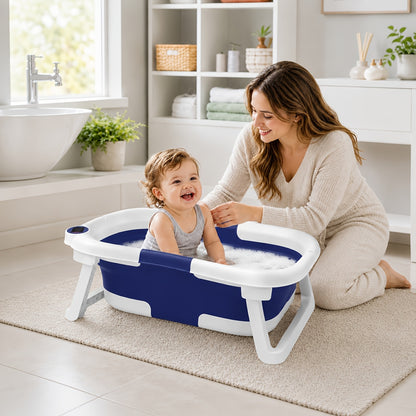 Baby Bathtub with Thermometer and Soft Cushion, Collapsible Infant-to-Toddler Bath Tub for 0 to 36 Months with Easy-Grip Handles in Five Colors