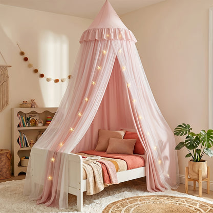 Princess Bed Canopy Tent with Star Night Light, Hammock Style Kids Bed Curtain Dome Mosquito Net, Double Layer Dustproof Breathable Reading Nook Drape for Toddler and Adult Beds, Machine Washable, White Pink Purple