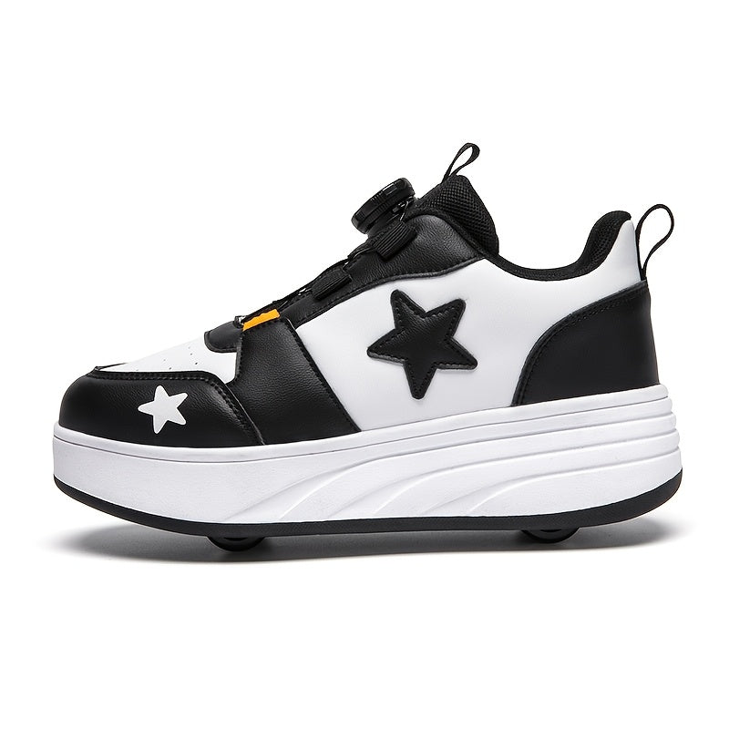 Boys Mesh Roller Sneakers with Removable Wheels, Black Low-Top Skate Shoes with TPR Insole and 2-Wheel or 4-Wheel Options for Outdoor Play