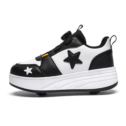 Boys Mesh Roller Sneakers with Removable Wheels, Black Low-Top Skate Shoes with TPR Insole and 2-Wheel or 4-Wheel Options for Outdoor Play