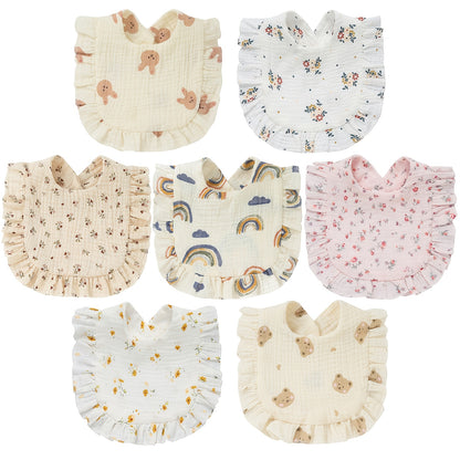 Muslin Baby Drool Bibs 7-Pack with Adjustable Snap Closure and Ruffle Trim, Soft Absorbent Feeding Bib Set in Cartoon or Mixed Pink Options