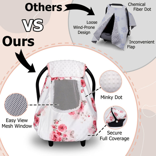 Baby Carrier Canopy Cover, Soft Minky Infant Car Seat Outer Cover with Floral and Animal Print Options for Supervised Everyday Outings