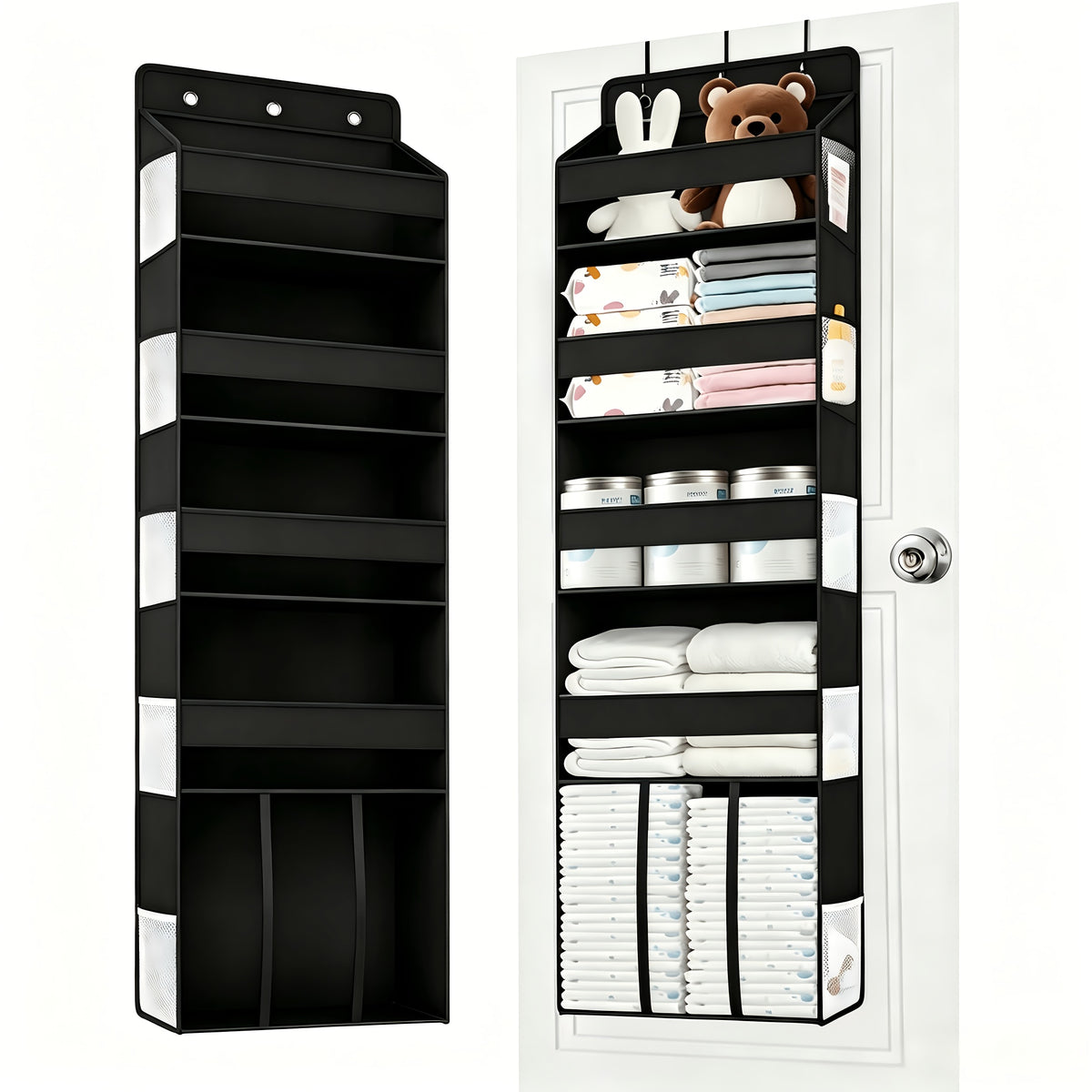 Swing-Proof Over the Door Organizer, 6-Shelf Hanging Storage with 6 Clear Front and 12 Side Pockets, Holds Up to 50LB, No-Drill Behind Door Storage for Nursery, Closet, Bedroom and Bathroom