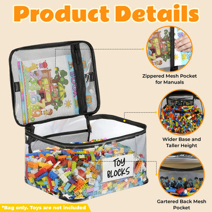 Clear Toy Storage Bags 6-Pack with Zippers and Labels, Reusable TPU Organizers for Building Blocks, Puzzles, Dolls and Board Games at Home or Away