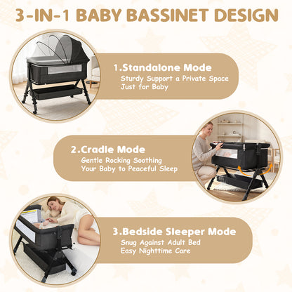 Bedside Bassinet with Lockable Wheels, Height-Adjustable 3-in-1 Crib-Side Infant Sleeper with Mosquito Net and Storage Bag, Dark Gray