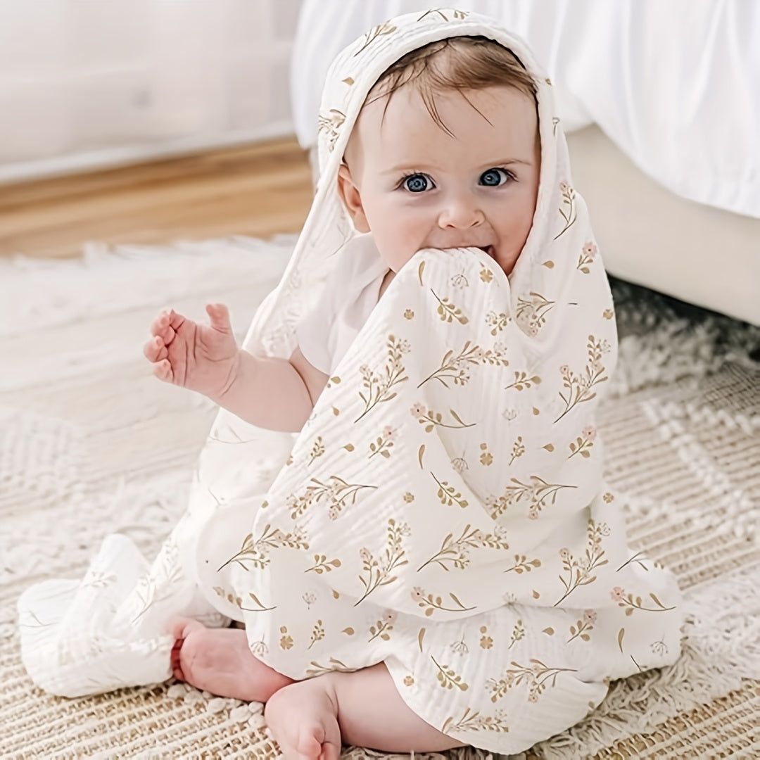 Newborn Hooded Muslin Baby Bath Towels, 2-Pack of 100% Cotton 30 x 30 Infant Towels with Attached Hoods, Soft Absorbent Bath Set for Sensitive Skin, Pink Floral