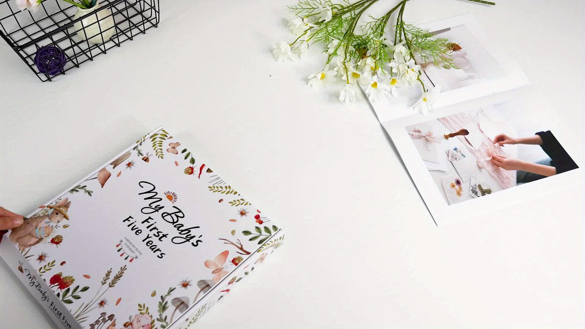 Baby Memory Book for First 5 Years, 124-Page Gender-Neutral Woodland Milestone Journal with Photo Spaces, Gold Foil Cover and Lay-Flat Binding