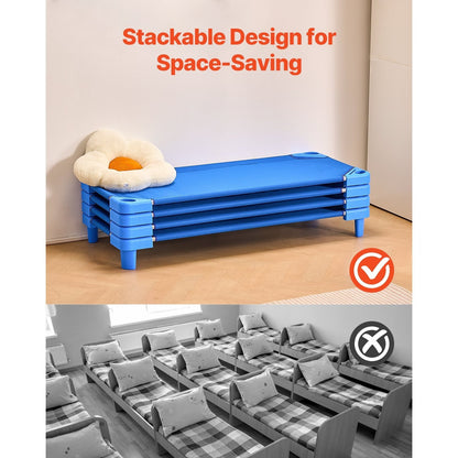 Stackable Toddler Nap Cots (Pack of 4 or 6) – Portable Daycare Sleeping Beds for Kids, 52" L x 23" W Preschool Classroom Rest Cots with Sturdy Steel Frame and Breathable Oxford Fabric, Blue