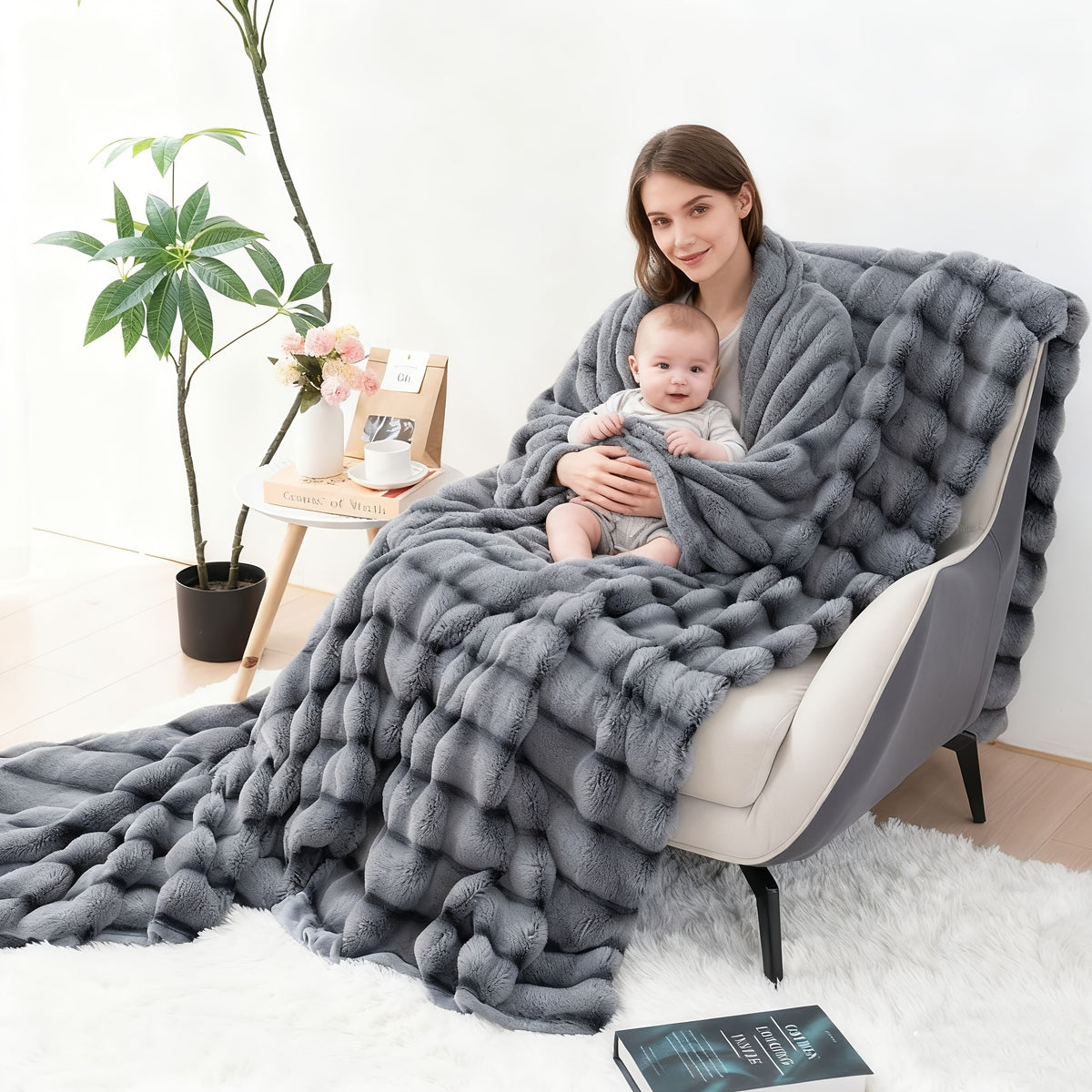 Striped Faux Rabbit Fur Throw Blanket with Flannel Back, Double-Sided Sofa and Bed Cover in Throw, Twin XL, Queen or King Sizes and Multiple Colors