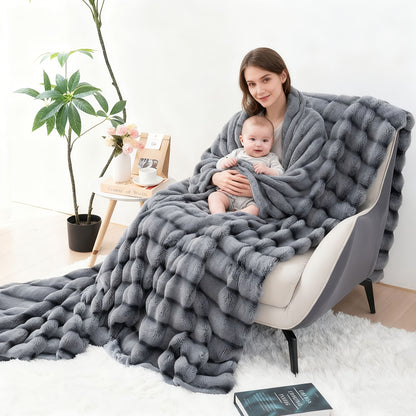 Striped Faux Rabbit Fur Throw Blanket with Flannel Back, Double-Sided Sofa and Bed Cover in Throw, Twin XL, Queen or King Sizes and Multiple Colors
