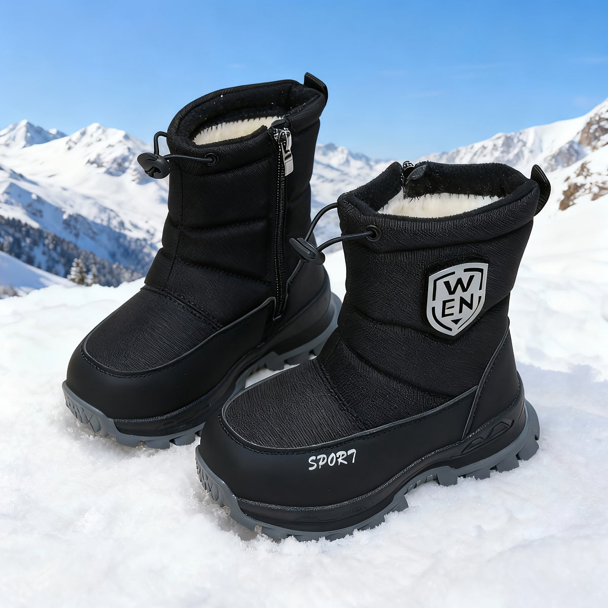 Fleece-Lined Kids Winter Snow Boots - Waterproof Nylon Upper, Anti-Slip Thick Sole, Zip & Drawstring Closure for Boys & Girls, Warm Outdoor Winter Footwear with Durable Rubber Sole