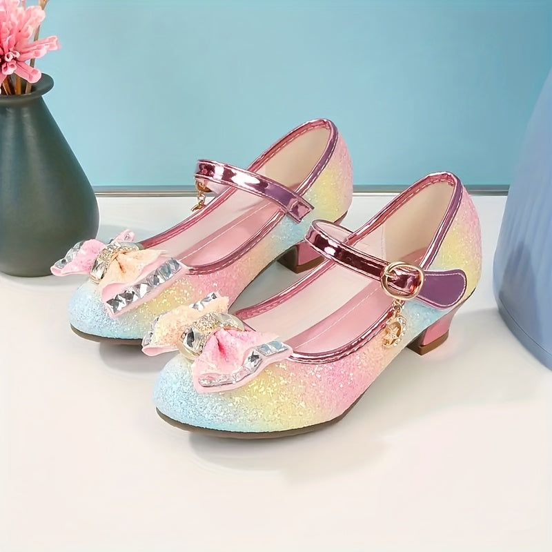 Girls Iridescent Dress Shoes with Bow and Heart Charm, Sparkly Round-Toe Heels with Hook-and-Loop Strap for Weddings, Parties and Performances