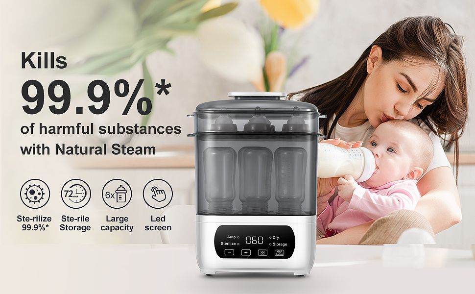 Modular Baby Bottle Steamer and Dryer with LED Touch Screen and Auto Shut-Off, Electric Countertop Care for Compatible Bottles and Pump Parts