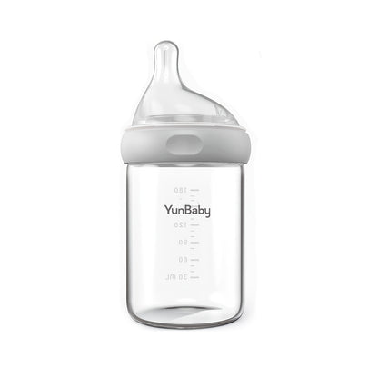 Slow Flow Glass Baby Bottles by YunBaby, 180 mL White Feeding Bottles with Listed Natural Rubber Nipples, Newborn 0+ Label and 1–6 Pack Options