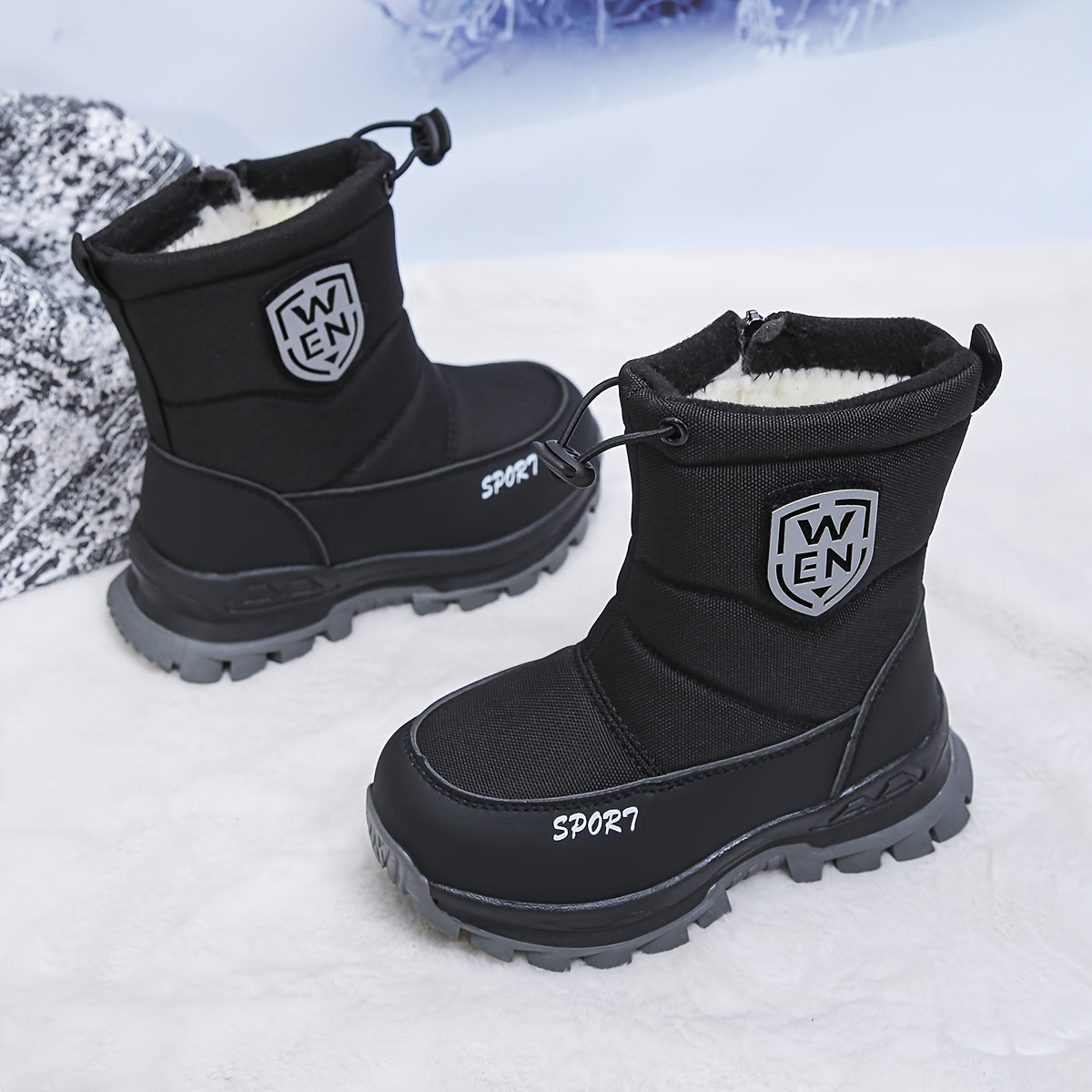 Fleece-Lined Kids Winter Snow Boots - Waterproof Nylon Upper, Anti-Slip Thick Sole, Zip & Drawstring Closure for Boys & Girls, Warm Outdoor Winter Footwear with Durable Rubber Sole
