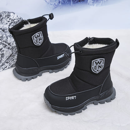Fleece-Lined Kids Winter Snow Boots - Waterproof Nylon Upper, Anti-Slip Thick Sole, Zip & Drawstring Closure for Boys & Girls, Warm Outdoor Winter Footwear with Durable Rubber Sole