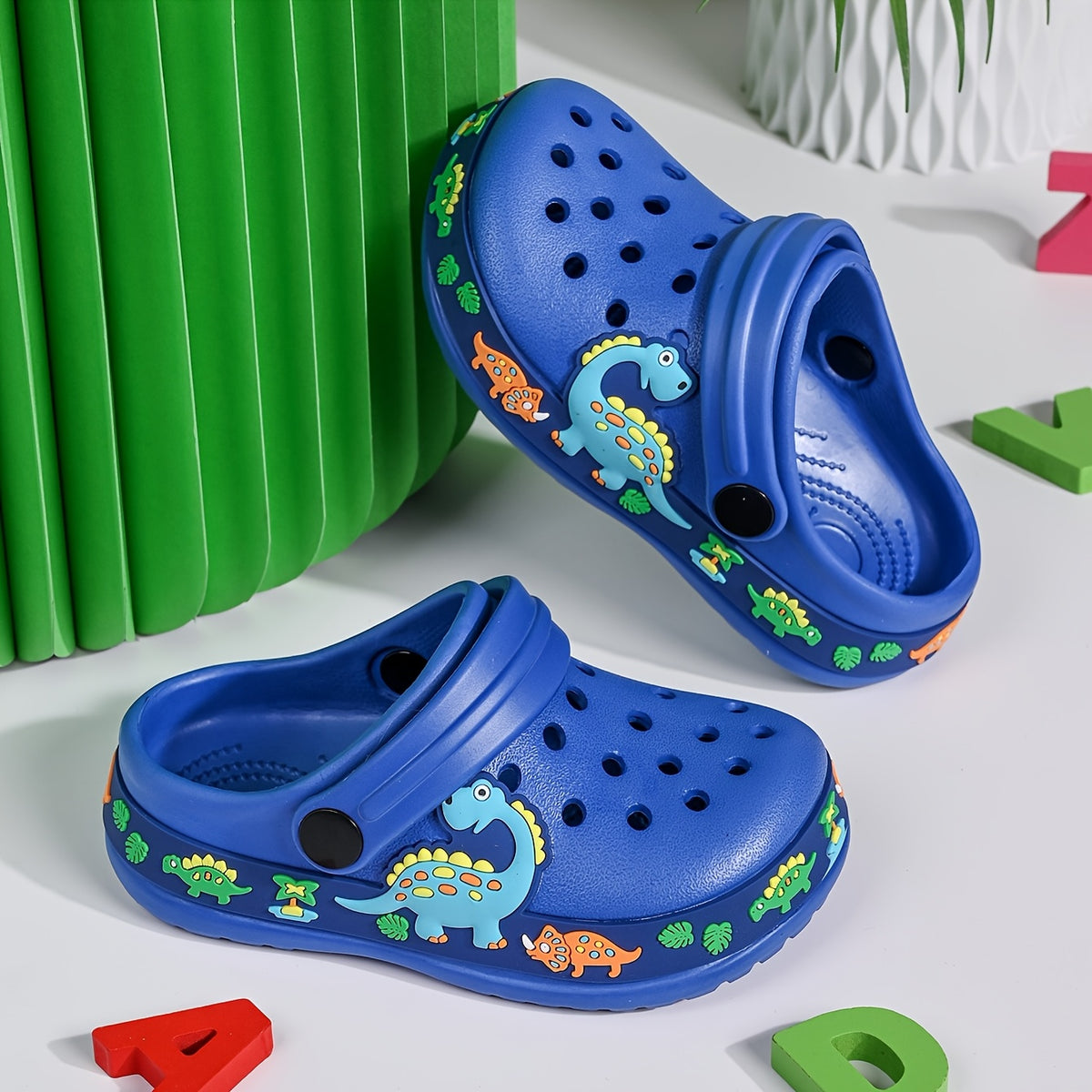 Kids Cartoon EVA Clogs with Ventilation Holes and Heel Strap, Lightweight Summer Slip-On Shoes in Navy, Rose Red, Pink or Blue for Toddlers and Little Kids