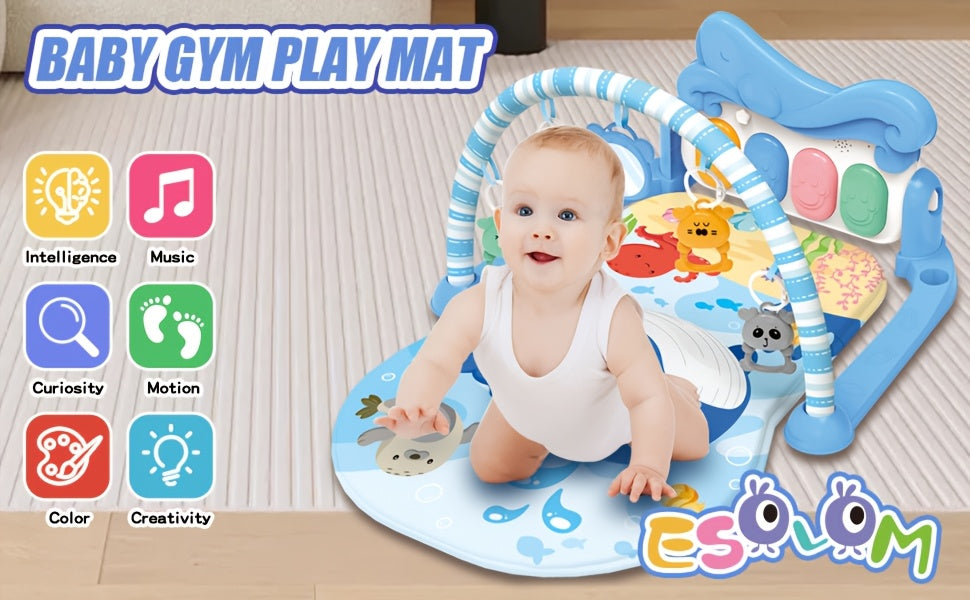 Kick and Play Piano Baby Activity Mat in Blue with Light-Up Keys, 4 Detachable Sensory Toys and Mirror for Newborn Tummy Time and Floor Play