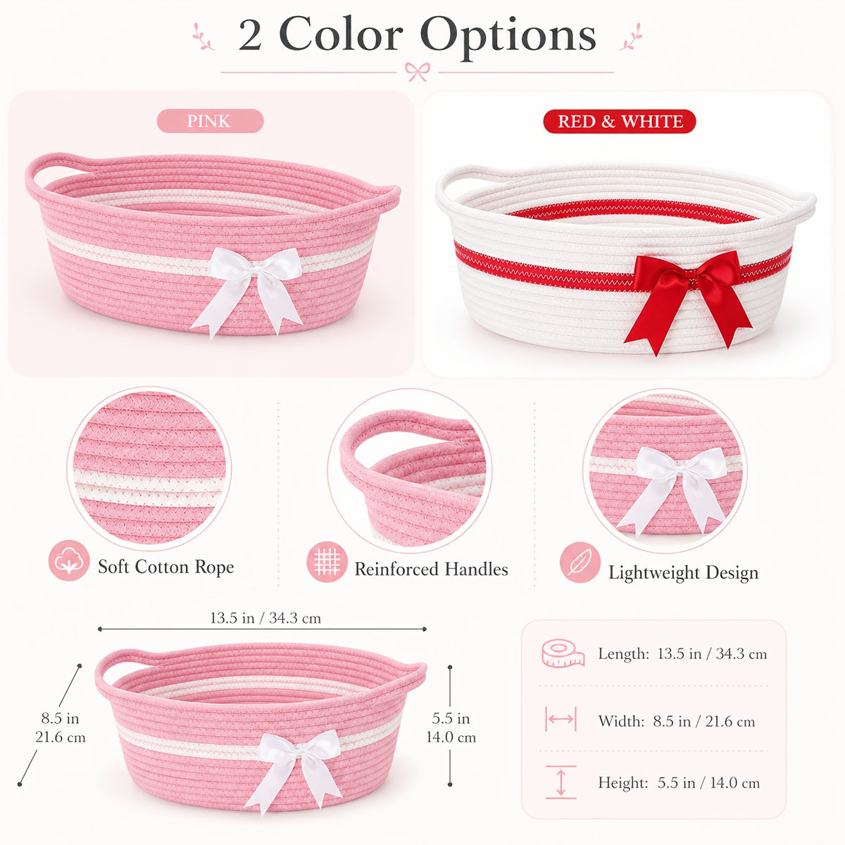 Decorative Gift Baskets with Handles, Pink and White or White and Red Storage Basket Set for Nursery Shelves, Living Room Display and Gifts