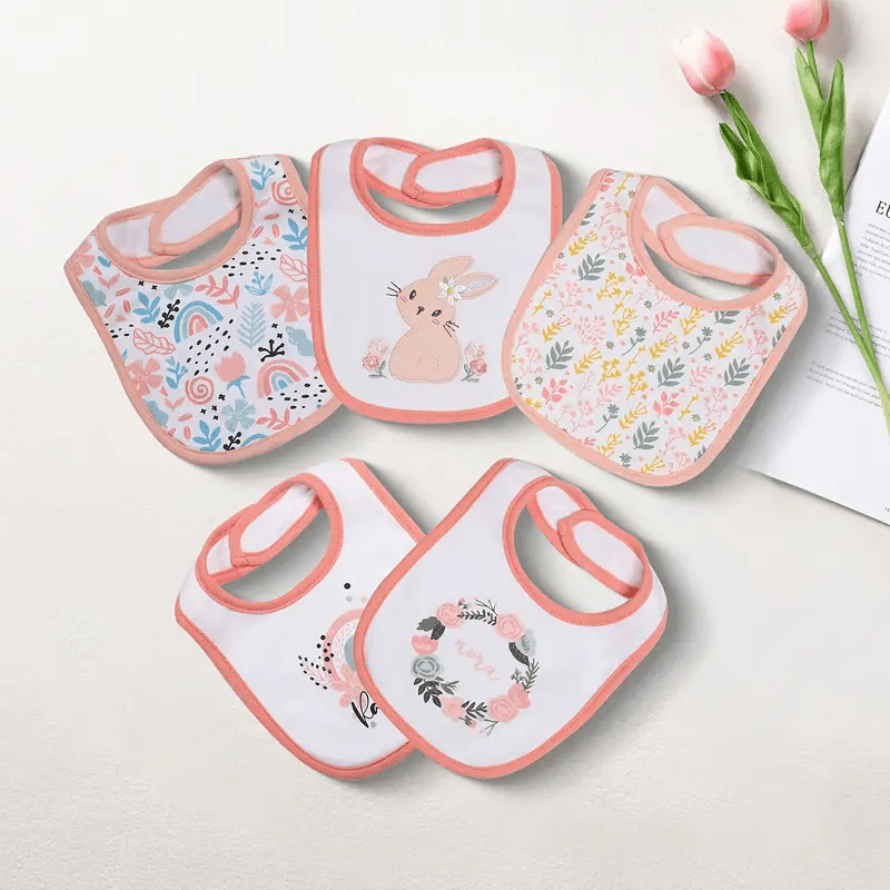 Double-Layer Cotton Baby Bibs 5-Pack with Cartoon Designs, Absorbent Adjustable Feeding Bib Set for Boys and Girls Ages 0–3 Years