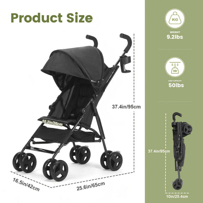 Compact Umbrella Stroller with Reclining Seat, Lightweight Folding Travel Pushchair with Canopy and Pop-Out Sun Visor in Pink or Gray