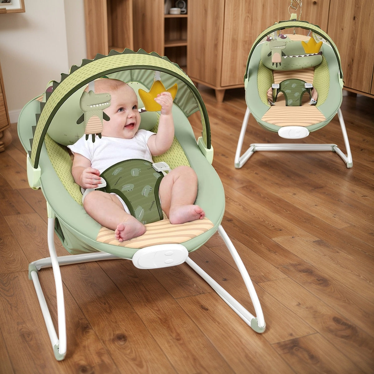 Foldable Infant Bouncer Seat with Hanging Toy Arch, Pink Crown or Green Crocodile Design for Supervised Awake Play, Listed Up to 20 lbs