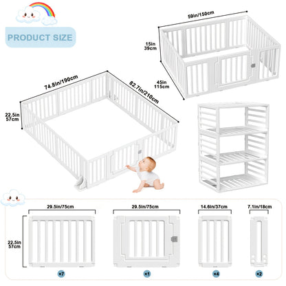 Modular Baby Playpen Fence with Gate, 2-in-1 Adjustable-Shape White Panel Play Yard for Supervised Indoor or Outdoor Kids Activities