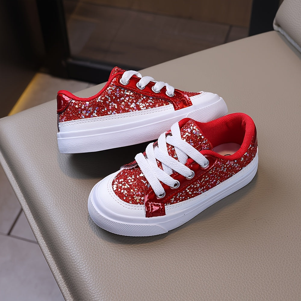 Red Sequin Skate Sneakers for Kids, Lace-Up Shoes with Soft Breathable Lining and Elastic Sole, Easy On/Off for School, Sports and Casual Wear, US 11.5 and 13.5 Little Kid