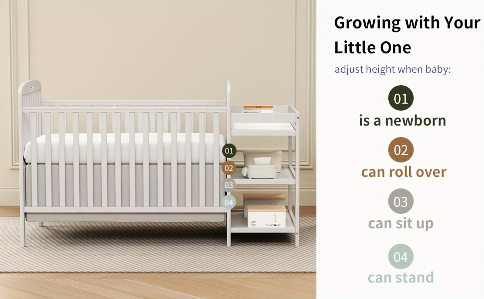 Baby Crib with Changing Table, Goldzone 4-in-1 Convertible Wooden Nursery Crib with Four Mattress Heights, Two Storage Shelves and Toddler Bed Conversion, White