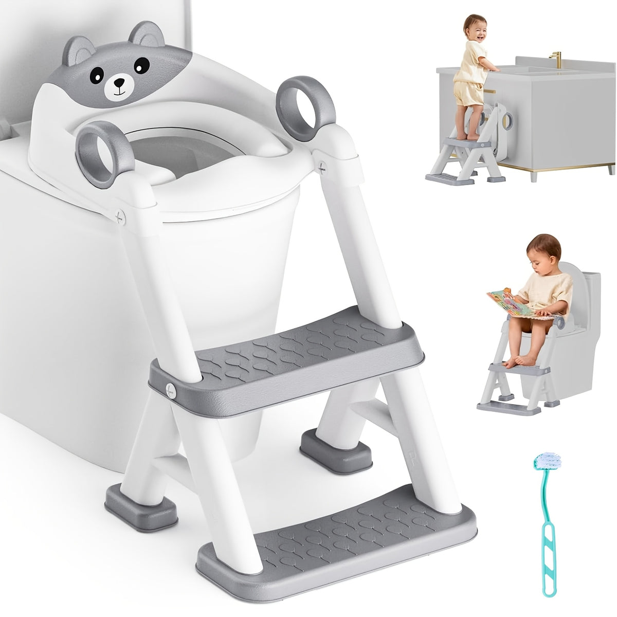 Toddler Potty Training Seat with Non-Slip Step Stool, 2-in-1 Toilet Seat for Boys and Girls with PVC Mat and Cleaning Brush, Blue Pink or Gray